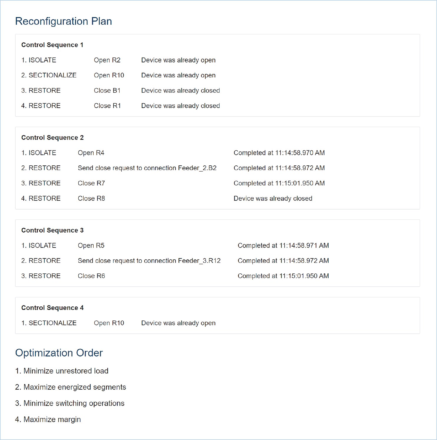 FLISR Report Control Sequence Reconfiguration Plan